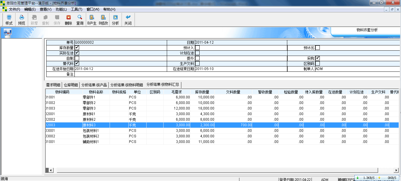 傲鹏ERP齐套分析